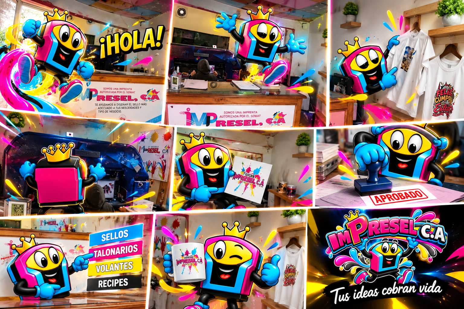 Mascota de Impreselca en acción: collage promocional con la mascota en el local, con franelas, tazas, sellos y volantes