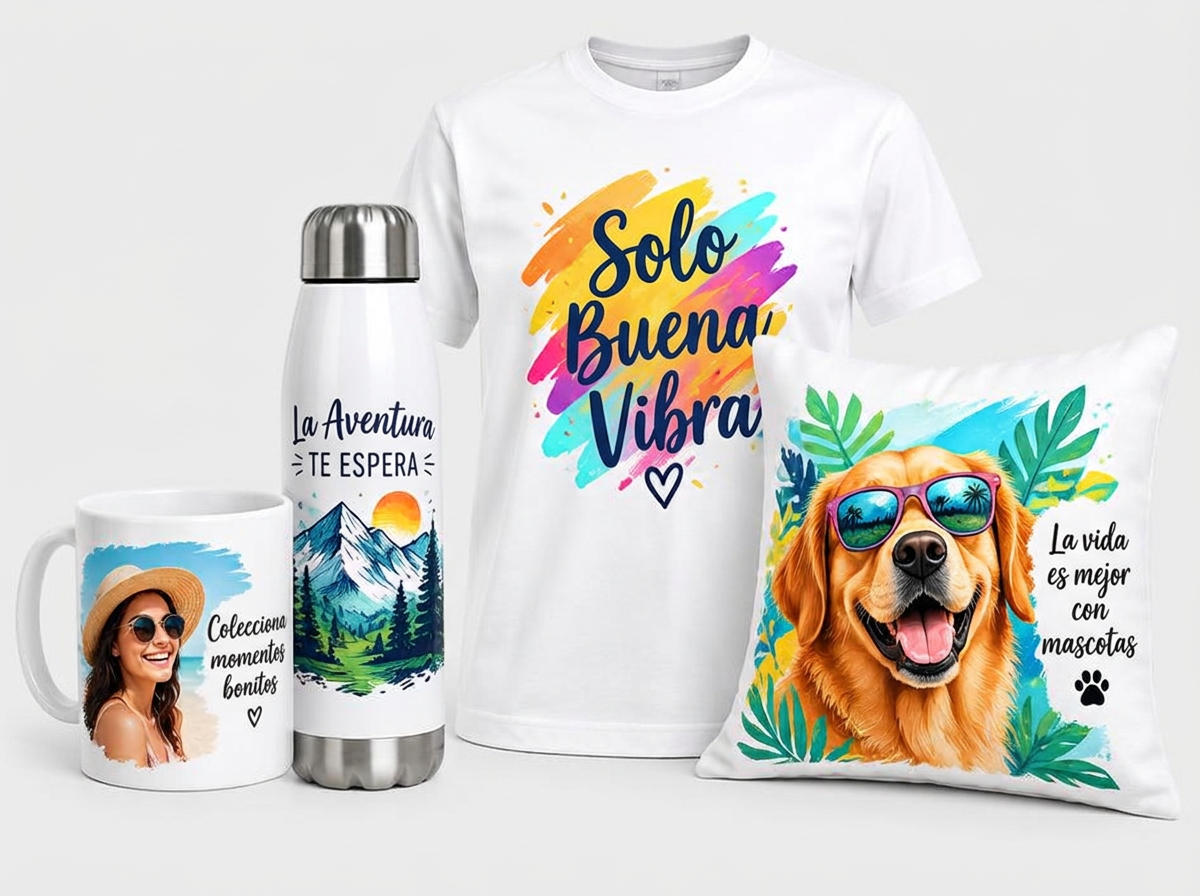 Tazas, termos, franela y cojín sublimados ilustrativos