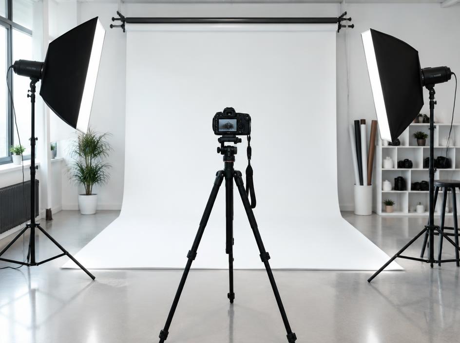 Estudio fotográfico con luces y cámara ilustrativo